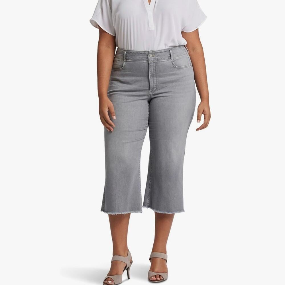NYDJ Jeans Plus Size 22W Gray Brigitte Wide Leg High Rise Capri LiftTuck Raw Hem